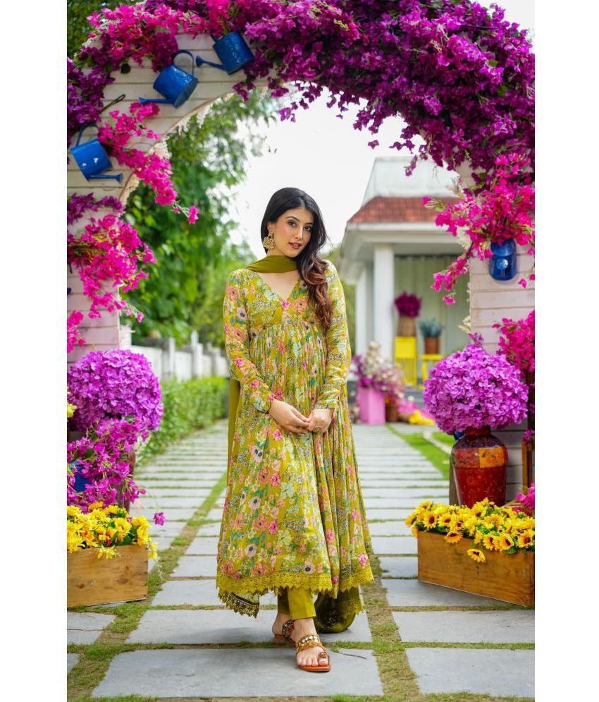     			Estela Georgette Printed Kurti With Pants Women's Stitched Salwar Suit - Yellow ( Pack of 1 )