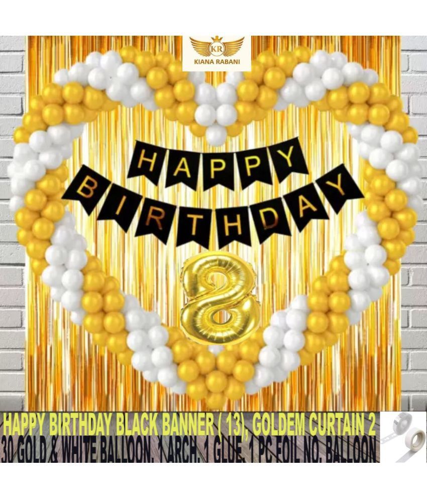     			KR 8TH HAPPY BIRTHDAY PARTY DECORATION WITH HAPPY BIRTHDAY BLACK BANNER(13), 2 GOLD CURTAIN 30 GOLD WHITE BALLOON 1 ARCH 1 GLUE 8 NO.GOLD FOIL BALLOON