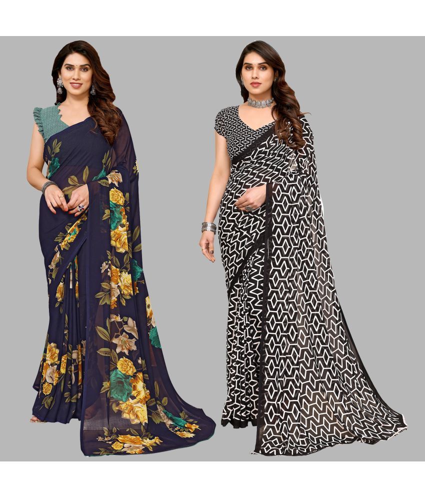     			Kashvi Sarees Georgette Printed Saree With Blouse Piece - Multicolour ( Pack of 2 )