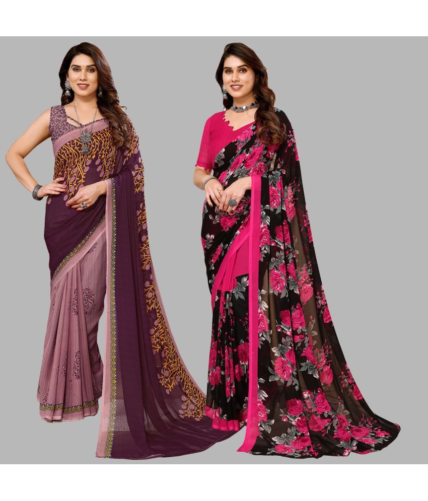     			Kashvi Sarees Georgette Printed Saree With Blouse Piece - Multicolour ( Pack of 2 )