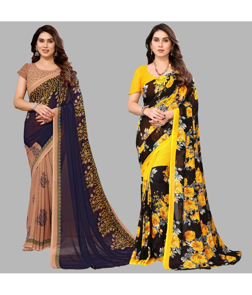     			Kashvi Sarees Georgette Printed Saree With Blouse Piece - Multicolour ( Pack of 2 )