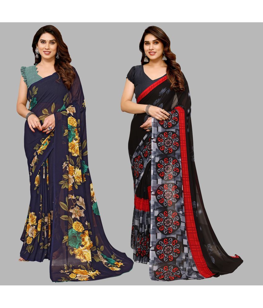     			Kashvi Sarees Georgette Printed Saree With Blouse Piece - Multicolour ( Pack of 2 )