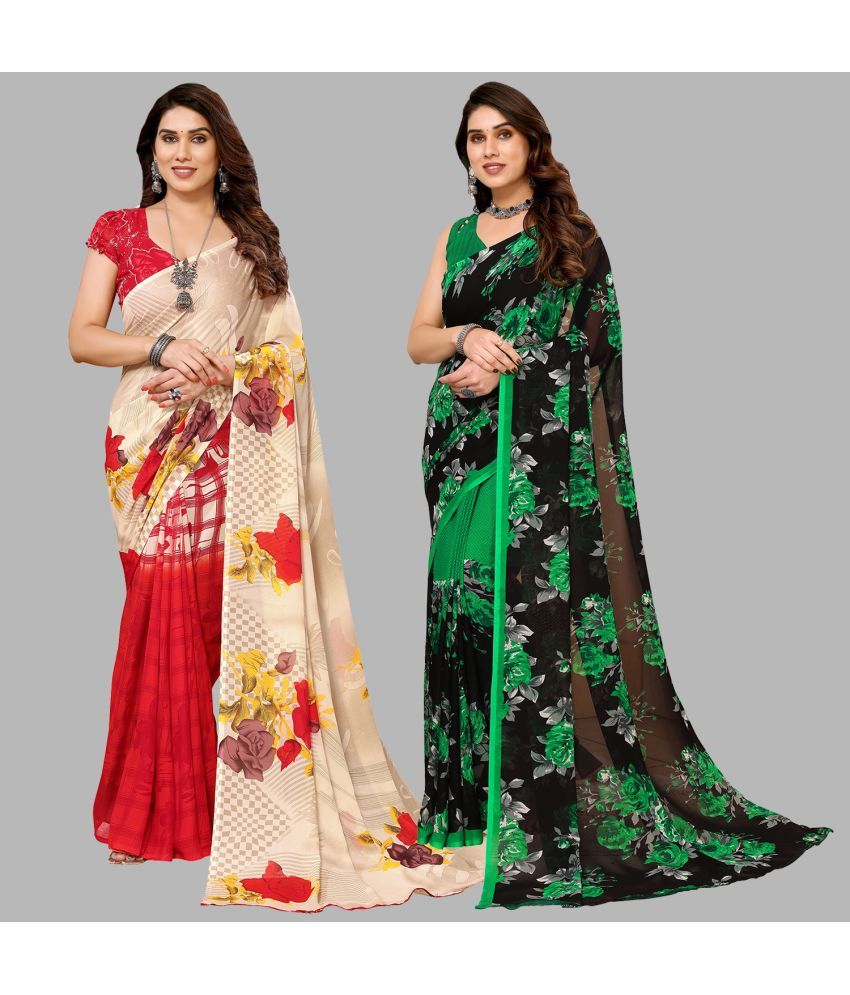     			Kashvi Sarees Georgette Printed Saree With Blouse Piece - Multicolour ( Pack of 2 )