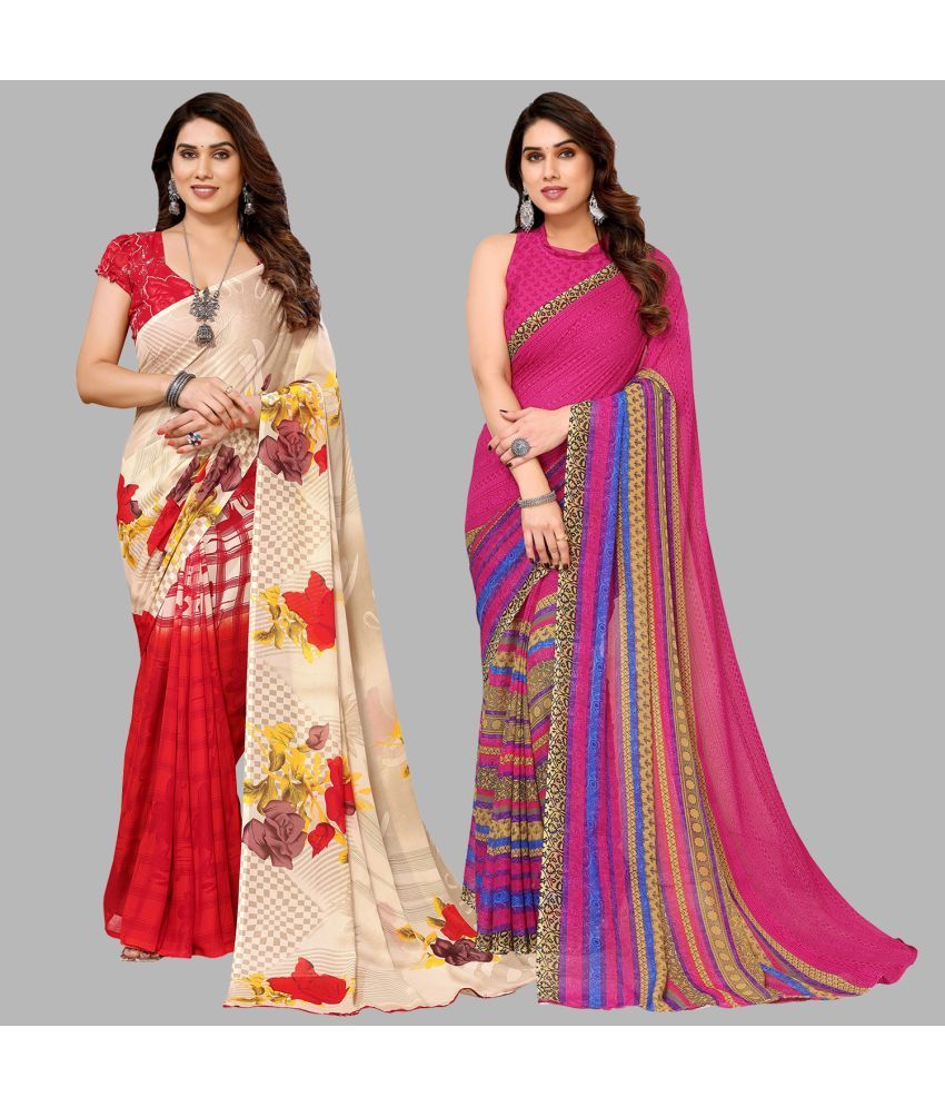     			Kashvi Sarees Georgette Printed Saree With Blouse Piece - Multicolour ( Pack of 2 )