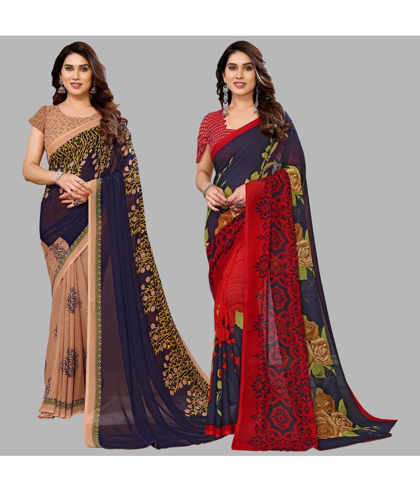     			Kashvi Sarees Georgette Printed Saree With Blouse Piece - Multicolour ( Pack of 2 )