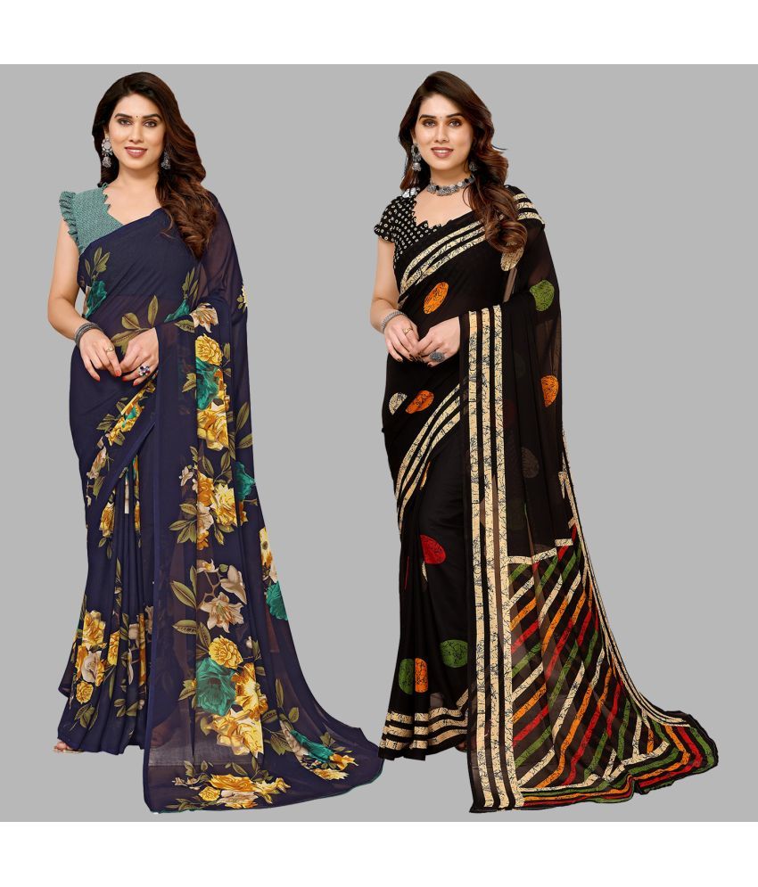     			Kashvi Sarees Georgette Printed Saree With Blouse Piece - Multicolour ( Pack of 2 )