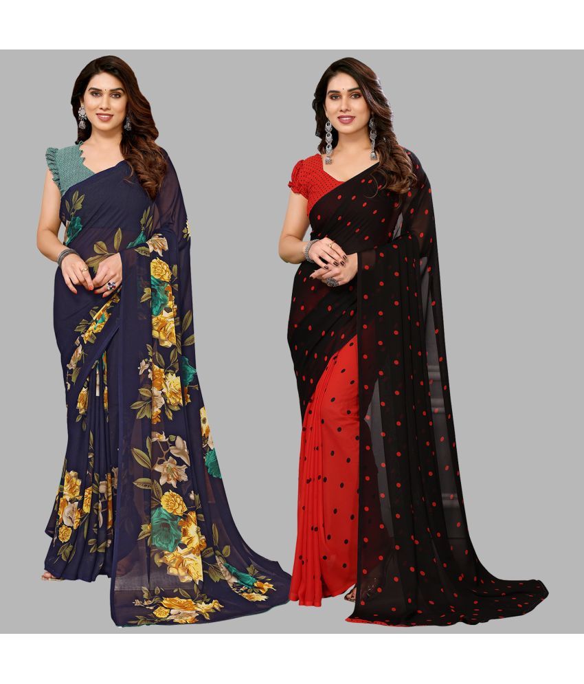     			Kashvi Sarees Georgette Printed Saree With Blouse Piece - Multicolour ( Pack of 2 )