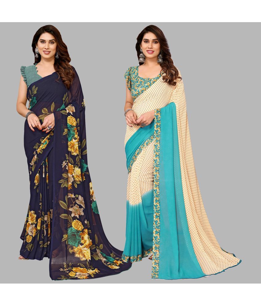     			Kashvi Sarees Georgette Printed Saree With Blouse Piece - Multicolour ( Pack of 2 )