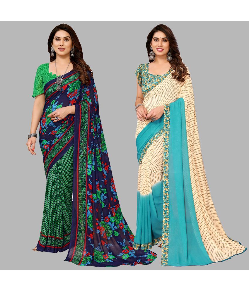     			Kashvi Sarees Georgette Printed Saree With Blouse Piece - Multicolour ( Pack of 2 )