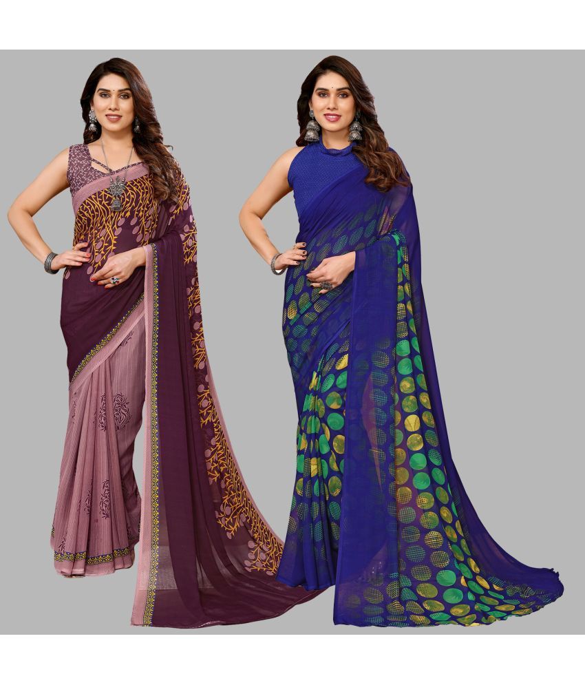     			Kashvi Sarees Georgette Printed Saree With Blouse Piece - Multicolour ( Pack of 2 )