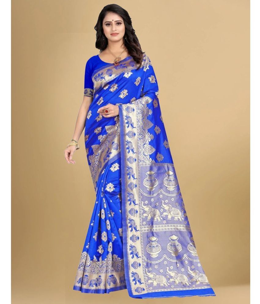     			Samah Art Silk Embellished Saree With Blouse Piece - Blue ( Pack of 1 )