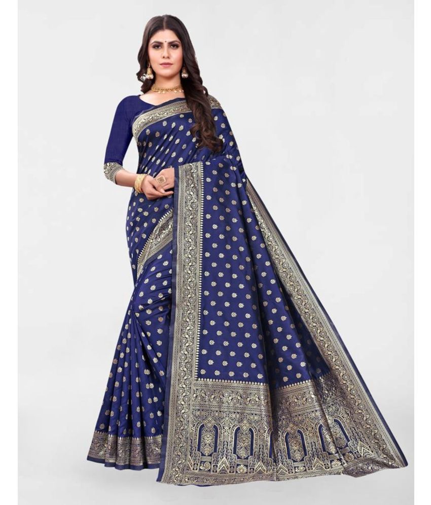     			Samah Art Silk Embellished Saree With Blouse Piece - Navy Blue ( Pack of 1 )