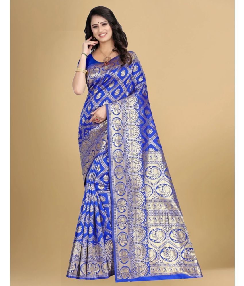     			Samah Art Silk Self Design Saree With Blouse Piece - Blue ( Pack of 1 )