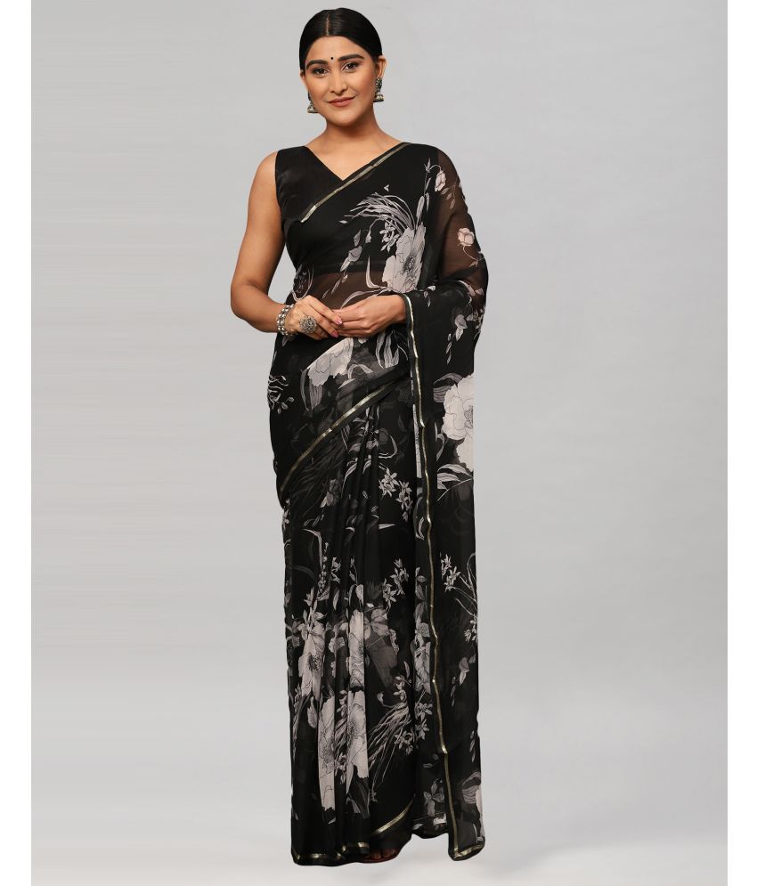     			Samah Chiffon Printed Saree With Blouse Piece - Black ( Pack of 1 )