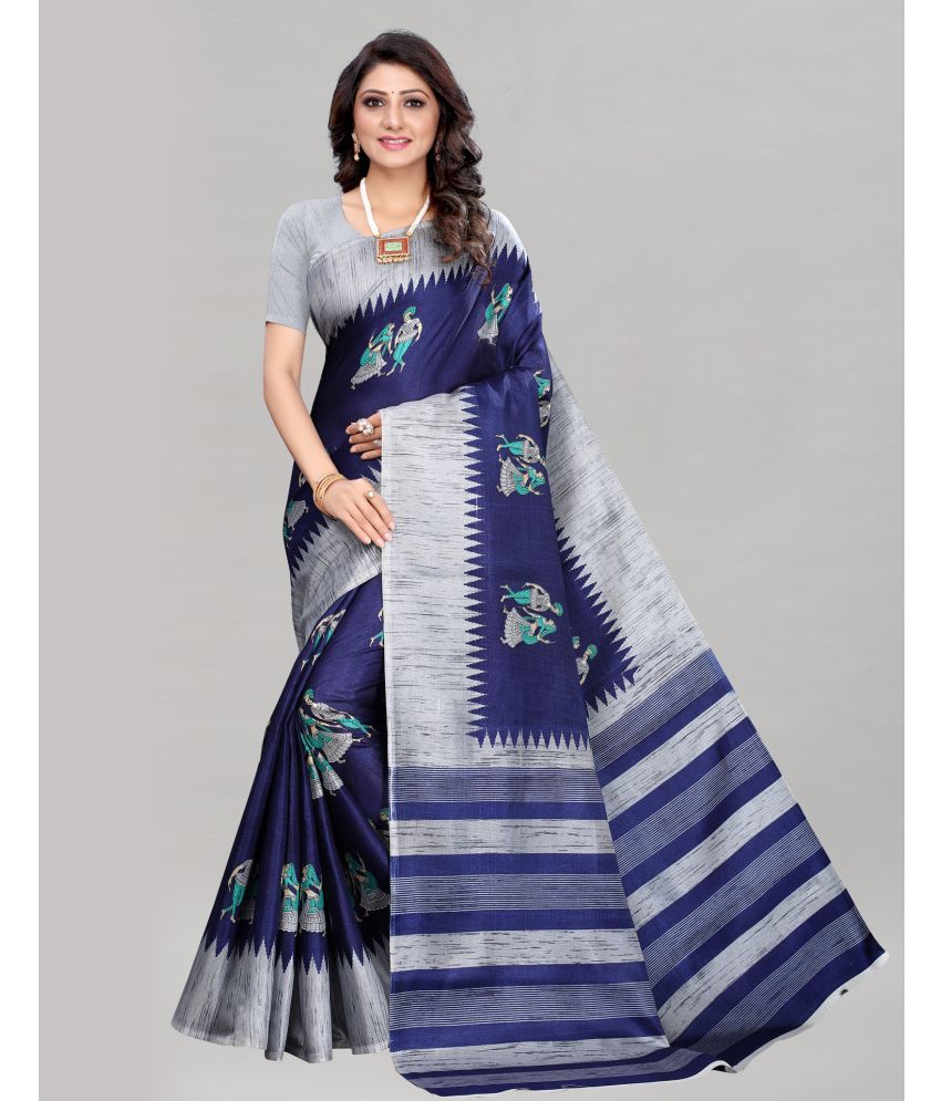     			Samah Silk Printed Saree With Blouse Piece - Navy Blue ( Pack of 1 )