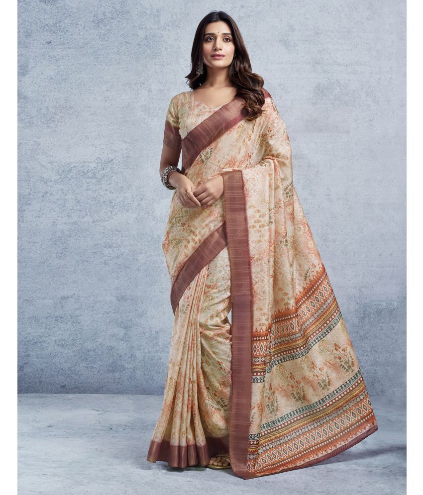     			Samah Silk Printed Saree With Blouse Piece - Cream ( Pack of 1 )