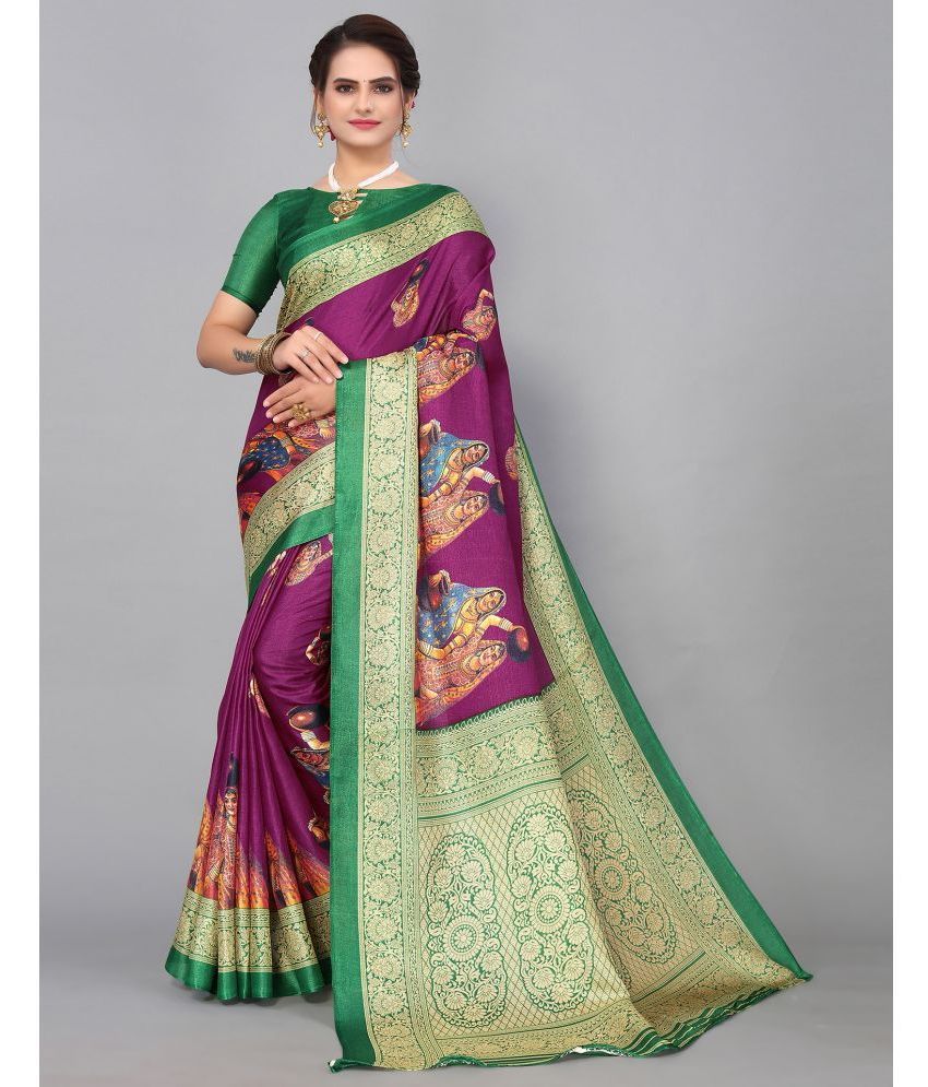     			Samah Silk Printed Saree With Blouse Piece - Purple ( Pack of 1 )