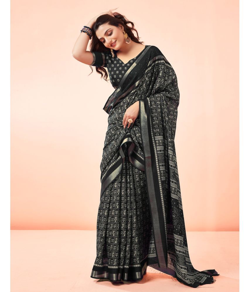     			Satrani Cotton Printed Saree With Blouse Piece - Black ( Pack of 1 )