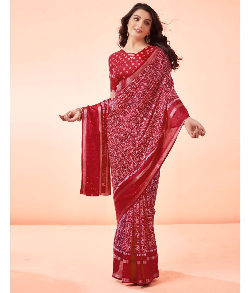    			Satrani Cotton Printed Saree With Blouse Piece - Red ( Pack of 1 )