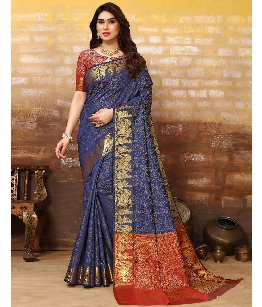     			Satrani Cotton Woven Saree With Blouse Piece - Blue ( Pack of 1 )