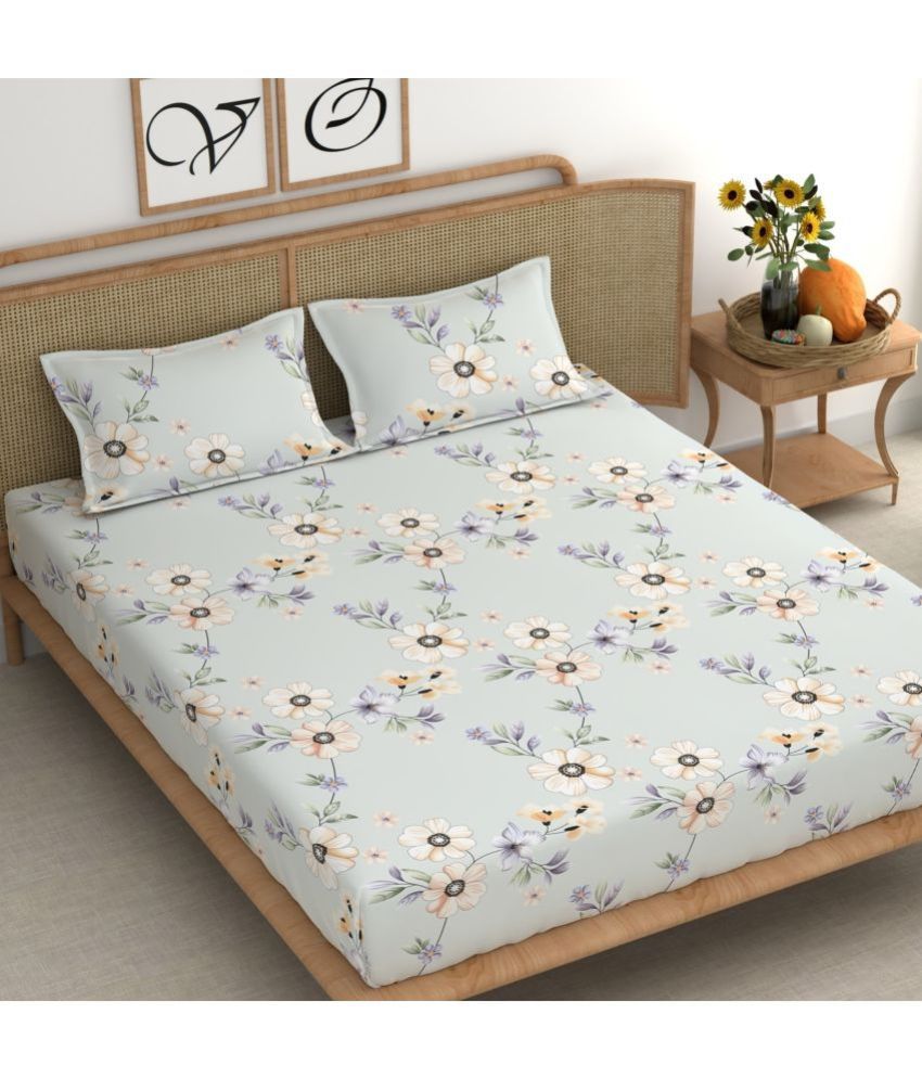     			chhavi india Cotton Floral 1 Double King Size Bedsheet with 2 Pillow Covers - Blue