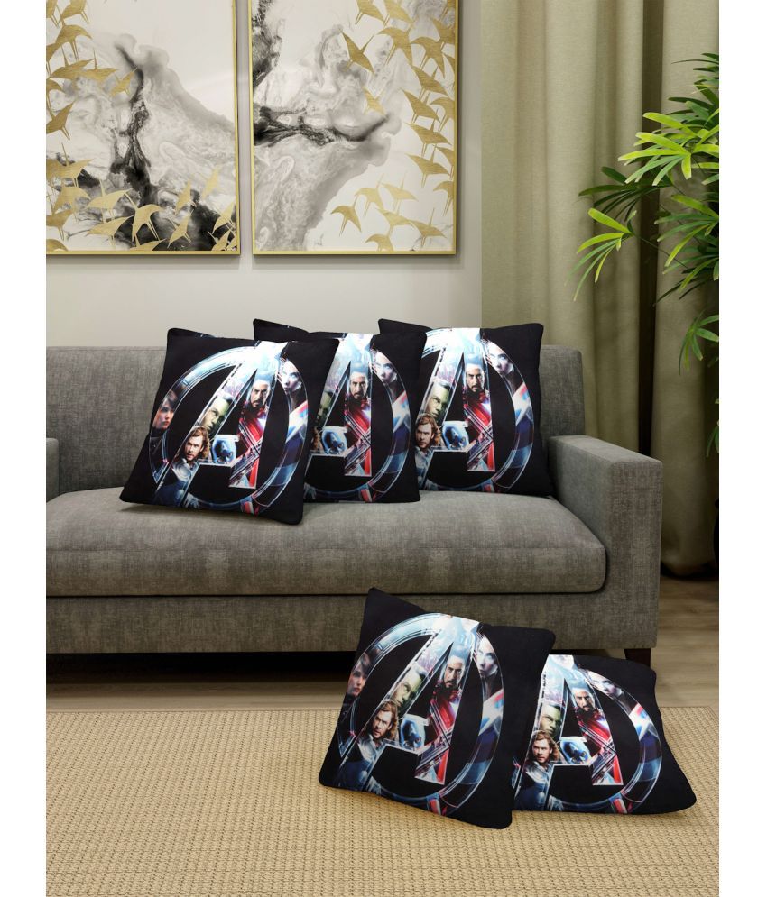     			FABINALIV Set of 5 Cotton Blend Superhero Square Cushion Cover (40X40)cm - Black