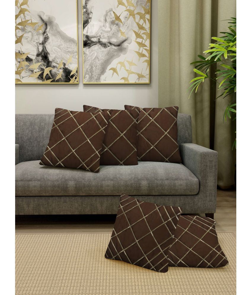     			FABINALIV Set of 5 Cotton Blend Big Checks Square Cushion Cover (40X40)cm - Brown
