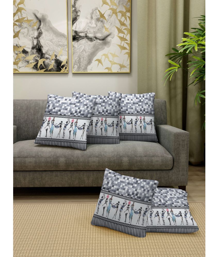     			FABINALIV Set of 5 Cotton Blend Tribal Square Cushion Cover (40X40)cm - Gray