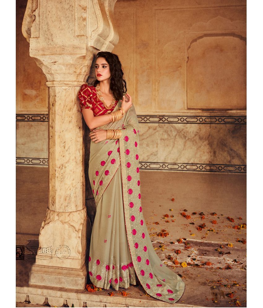     			Aarrah Chiffon Embroidered Saree With Blouse Piece - Beige ( Pack of 1 )