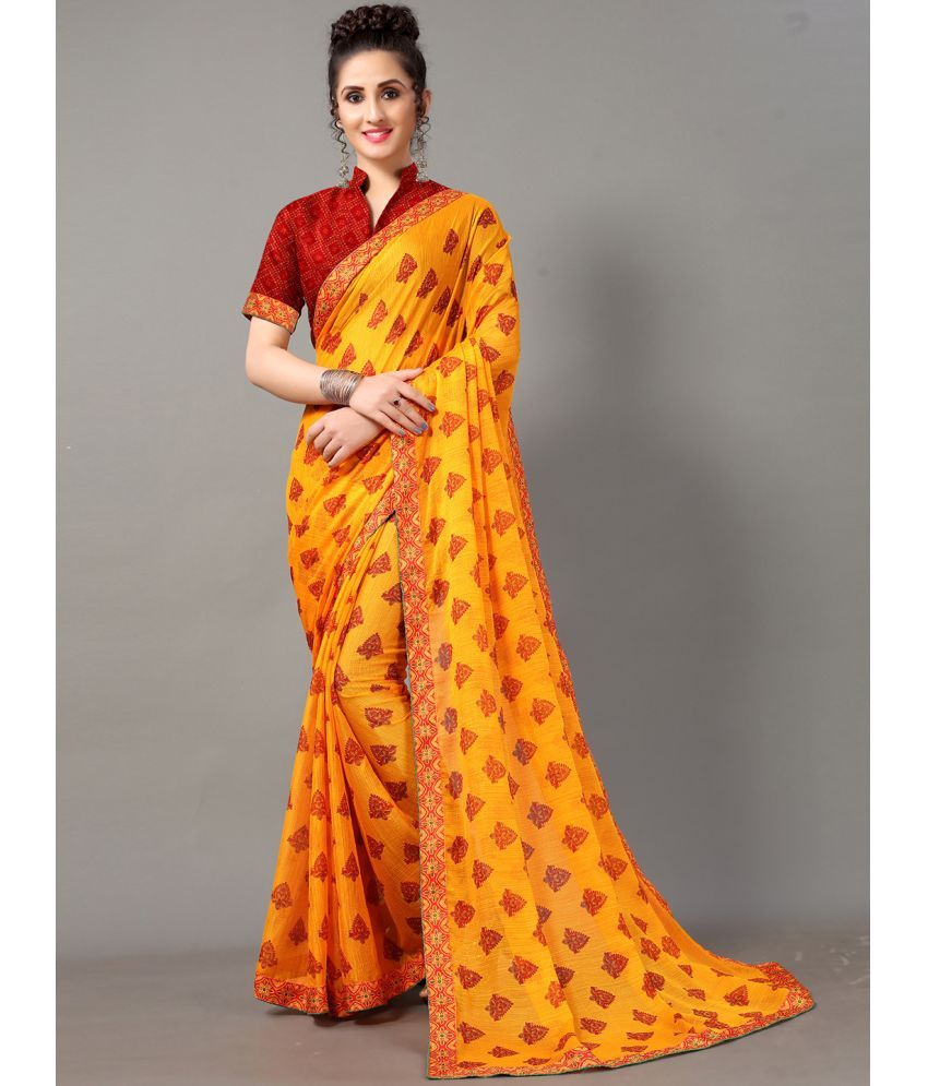     			Aarrah Chiffon Printed Saree With Blouse Piece - Yellow ( Pack of 1 )