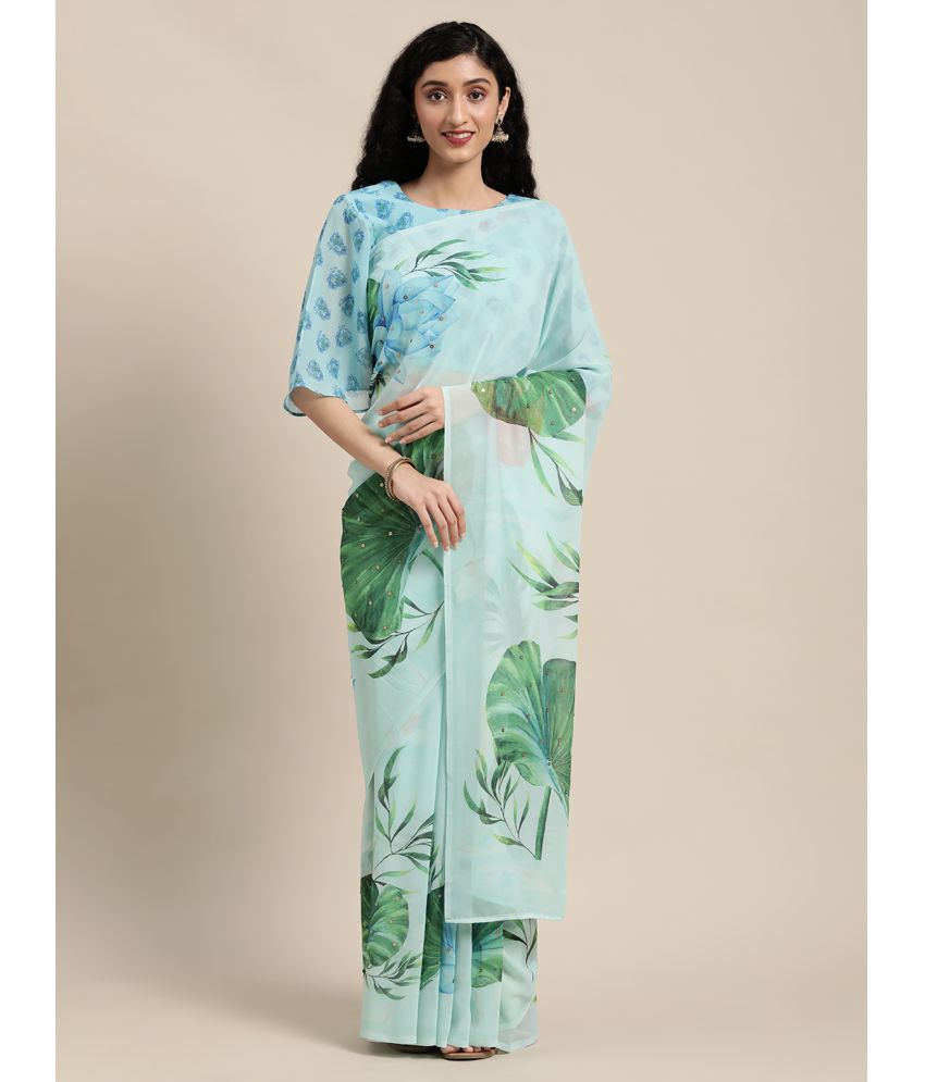     			Aarrah Georgette Printed Saree With Blouse Piece - Sea Green ( Pack of 1 )
