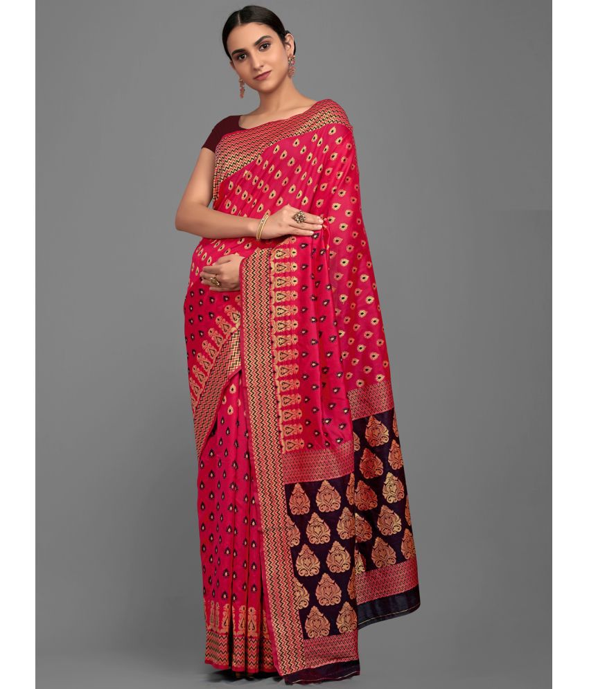     			Aarrah Silk Blend Printed Saree With Blouse Piece - Pink ( Pack of 1 )