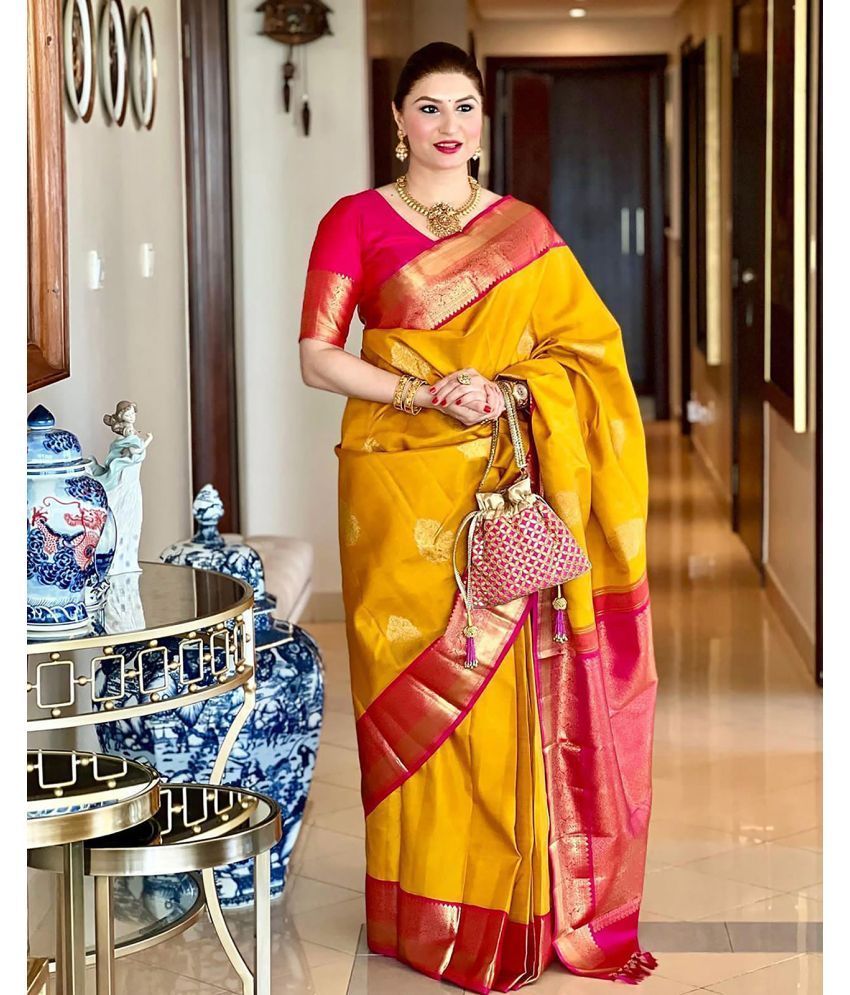     			Anjaneya Sarees Banarasi Silk Woven Saree With Blouse Piece - Yellow ( Pack of 1 )