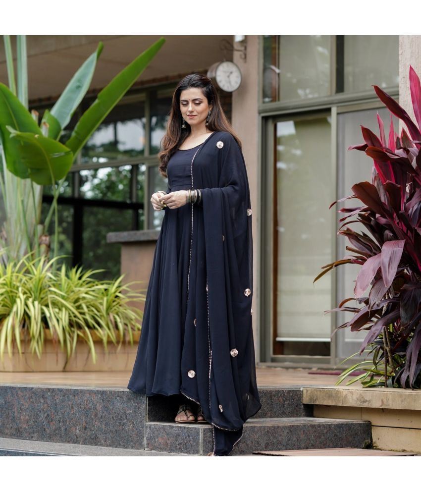     			Estela Georgette Solid Anarkali With Churidar Women's Stitched Salwar Suit - Black ( Pack of 1 )