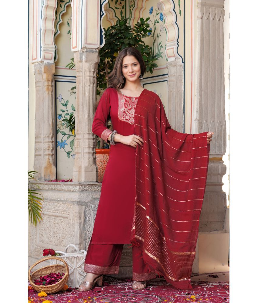     			Estela Viscose Embellished Kurti With Palazzo Women's Stitched Salwar Suit - Maroon ( Pack of 1 )