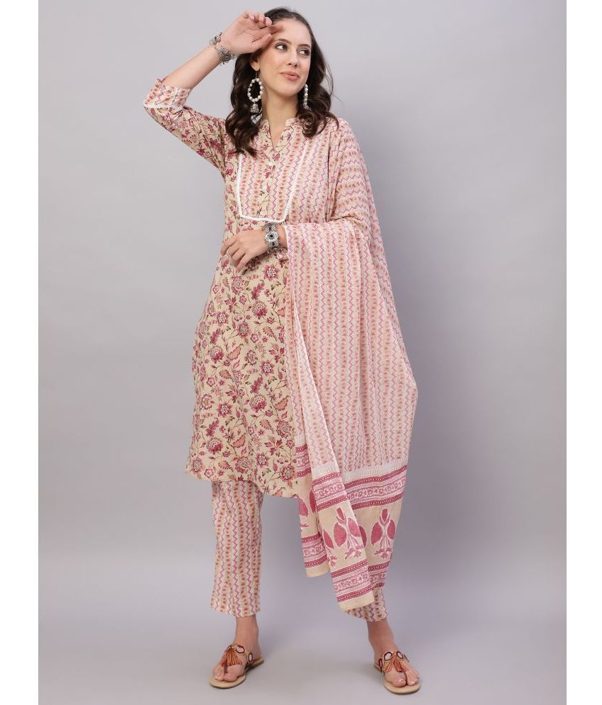     			Flamboyant Cotton Printed Kurti With Pants Women's Stitched Salwar Suit - Beige ( Pack of 1 )