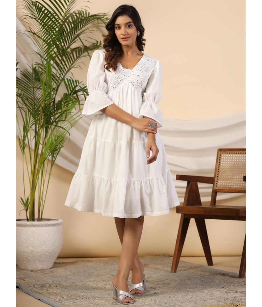     			Juniper Cotton Embellished Knee Length Women's Fit & Flare Dress - White ( Pack of 1 )