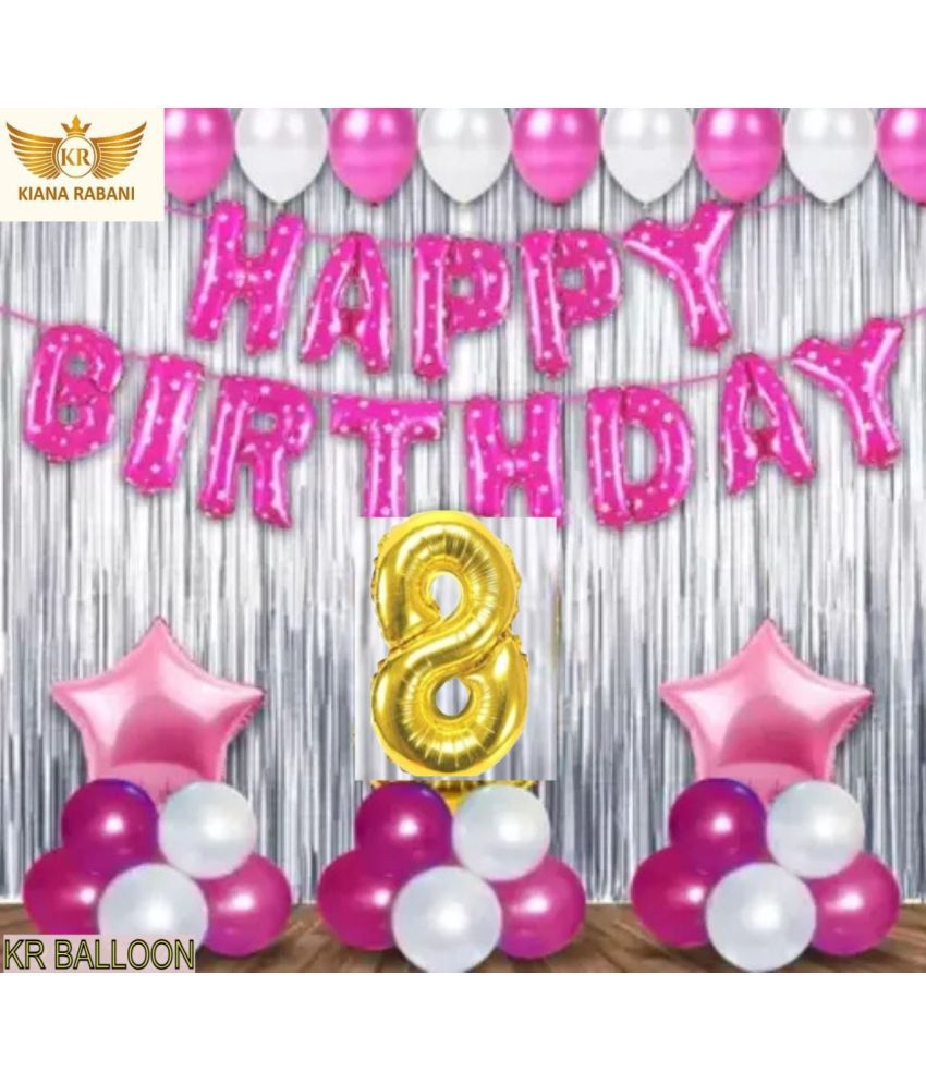     			KR 8TH/ EIGHTH HAPPY BIRTHDAY ( GIRL ) PARTY DECORATION WITH HAPPY BIRTHDAY PINK FOIL BALLOON, 2 SILVER CURTAIN 2 PINK STAR 25 PINK 25 SILVER BALLOON  1 ARCH 1 RIBBON 8 NO. GOLD FOIL BALLOON