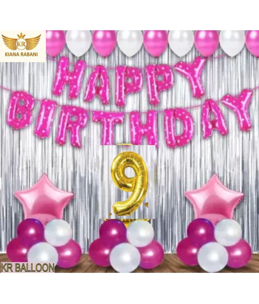     			KR 9TH/ NINTH HAPPY BIRTHDAY ( GIRL ) PARTY DECORATION WITH HAPPY BIRTHDAY PINK FOIL BALLOON, 2 SILVER CURTAIN 2 PINK STAR 25 PINK 25 SILVER BALLOON  1 ARCH 1 RIBBON 9 NO. GOLD FOIL BALLOON