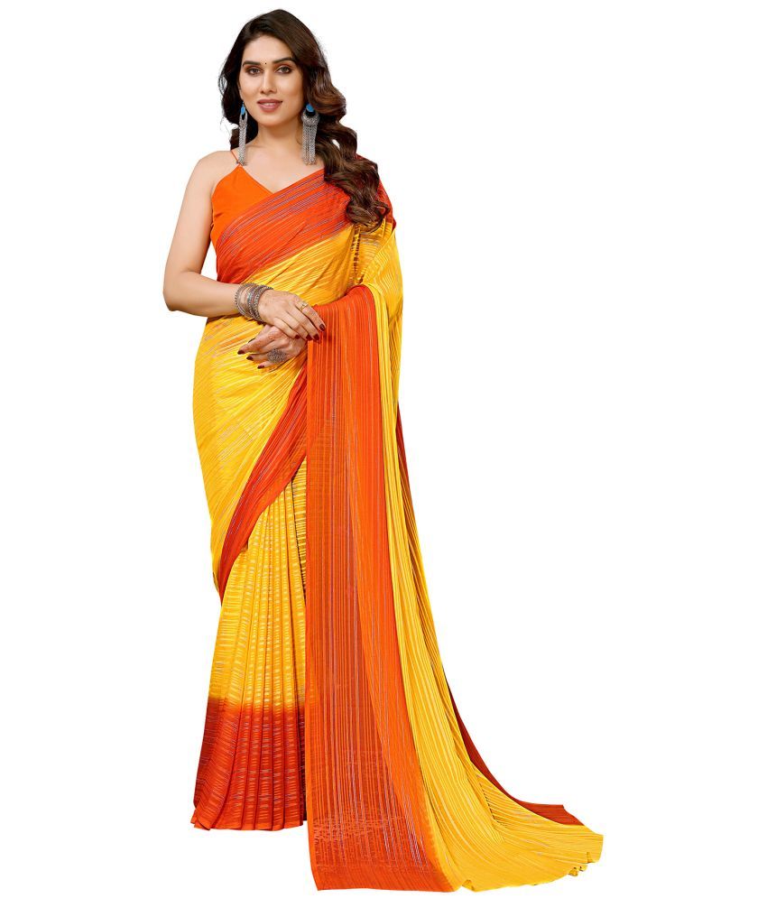     			Kashvi Sarees Satin Striped Saree With Blouse Piece - Yellow ( Pack of 1 )