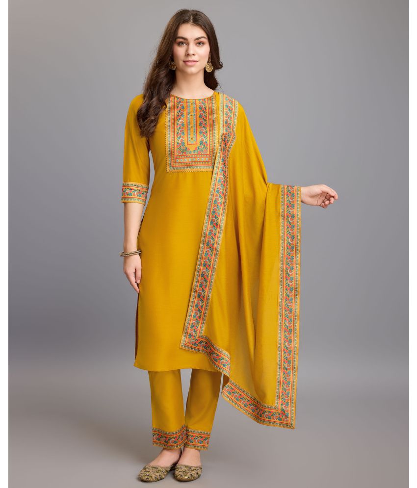     			MOJILAA Silk Printed Kurti With Pants Women's Stitched Salwar Suit - Mustard ( Pack of 1 )