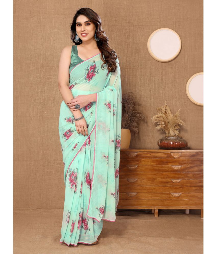    			Rangita Ready To Wear Stitched Georgette Printed Saree With Blouse Piece - Mint Green