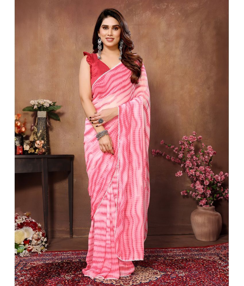     			Rangita Ready To Wear Stitched Georgette Printed Saree With Blouse Piece - Pink