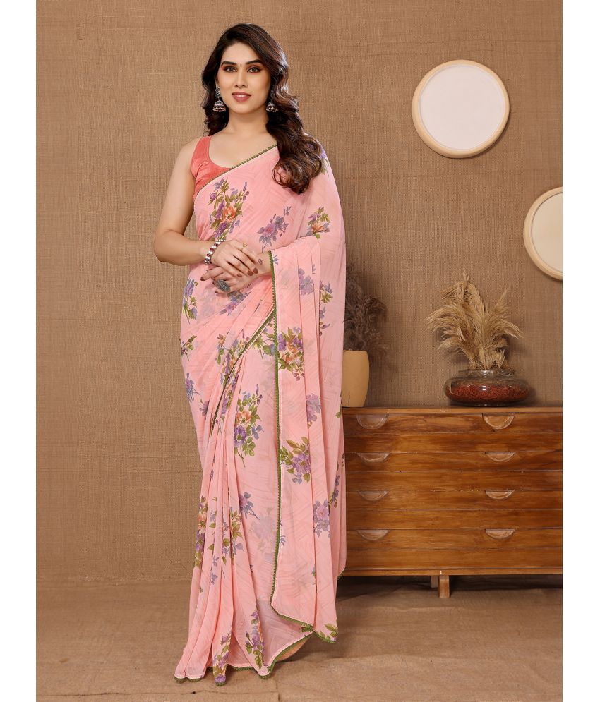    			Rangita Ready To Wear Stitched Georgette Printed Saree With Blouse Piece - Peach