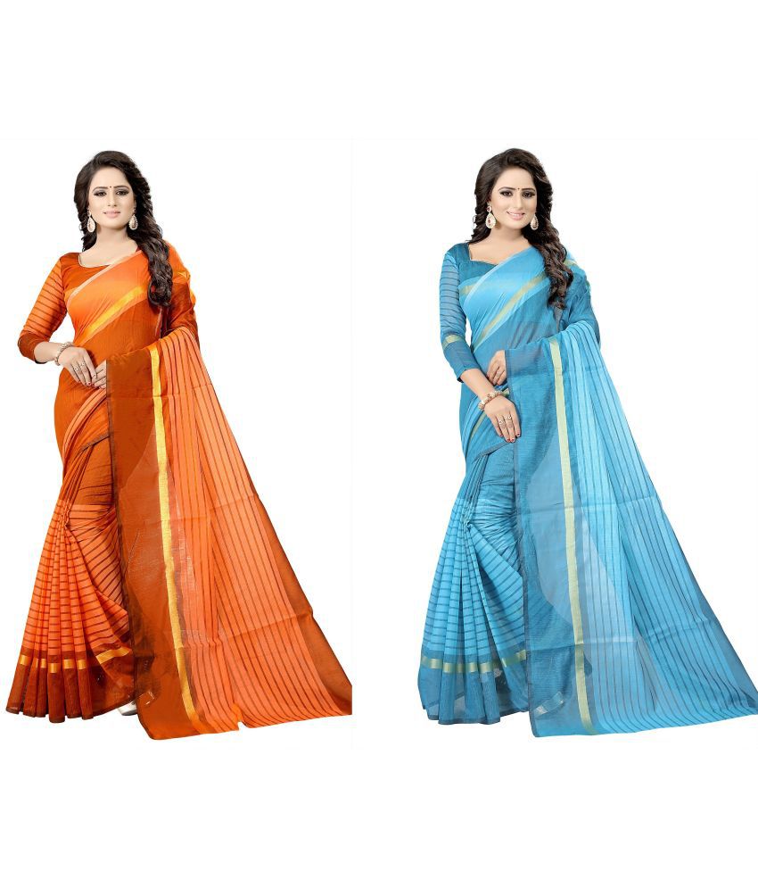     			Saadhvi Cotton Silk Printed Saree With Blouse Piece - Blue ( Pack of 2 )