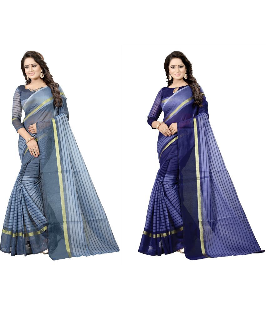     			Saadhvi Cotton Silk Printed Saree With Blouse Piece - Blue ( Pack of 2 )