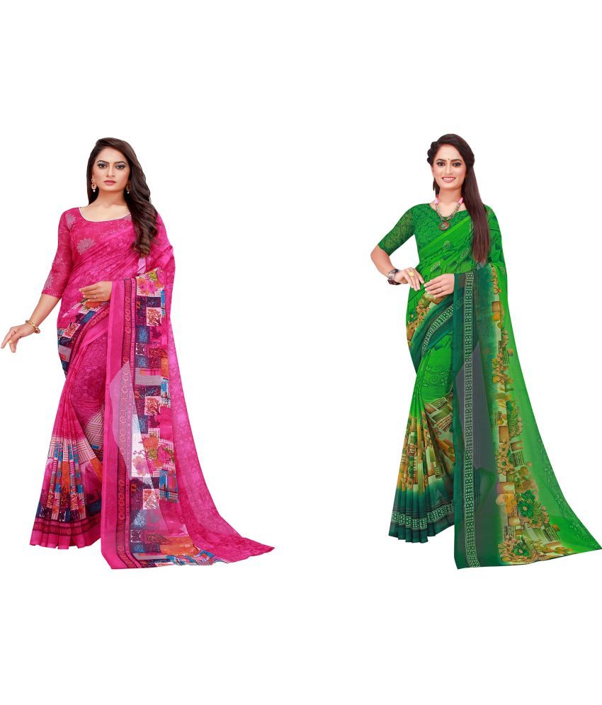     			Saadhvi Georgette Printed Saree With Blouse Piece - Multicolour ( Pack of 2 )