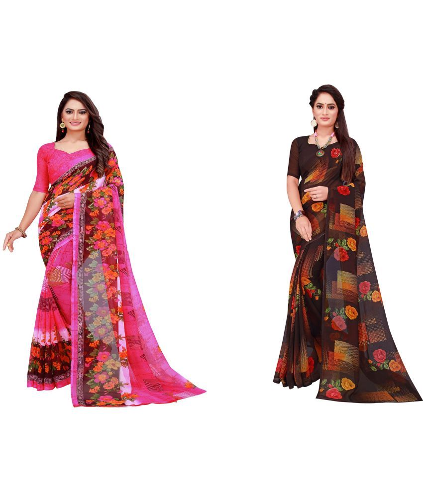     			Saadhvi Georgette Printed Saree With Blouse Piece - Multicolour ( Pack of 2 )