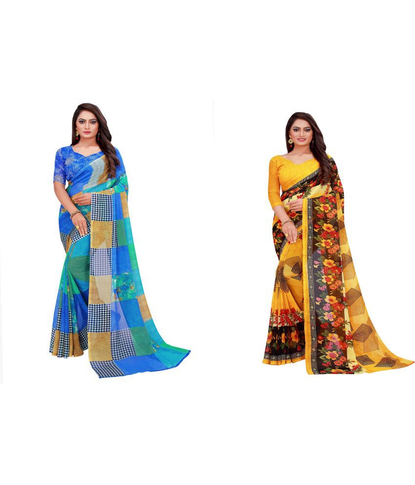     			Saadhvi Georgette Printed Saree With Stitched Blouse - Blue ( Pack of 2 )