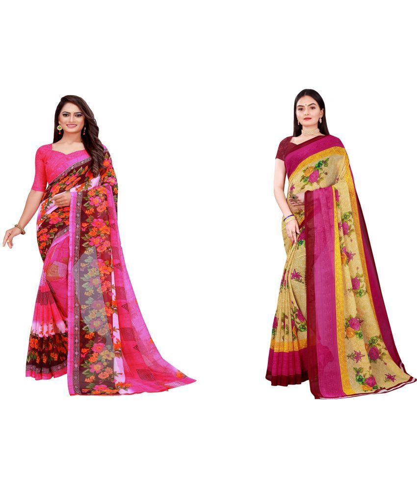     			Saadhvi Georgette Printed Saree With Blouse Piece - Pink ( Pack of 2 )